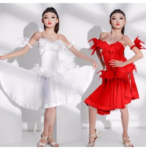 White red feather competition ballroom latin dance dresses for girls kids salsa rumba chacha dancing skirts solo concert singers performance outfits for kids